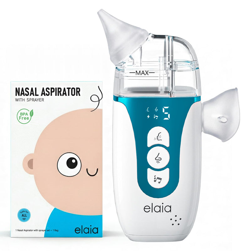 elaia Nasal Aspirator for Baby with Spray, 2-in-1 Electric Baby Nose Sucker with Fine Mist 5 Suction Levels up to 65kPa, BPA-Free, Quiet Baby Nasal Aspirator, Portable Snot & Booger Sucker for Infants