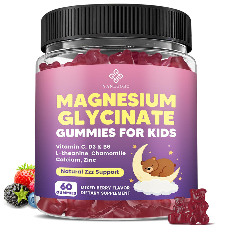 Kids Magnesium Gummies, Magnesium Glycinate Gummies 400mg/200mg with L-Theanine, Chamomile, Vitamin B6, D3 for Kids, Relaxation & Zzz Support, Nerve Bone - Sugar Free Mixed Berry Flavor 60ct 60 Count (Pack of 1)