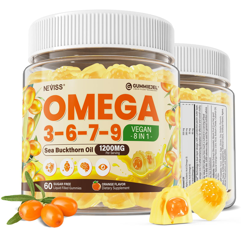 Omega 3-6-7-9 Gummies, Sea Buckthorn Oil 1200MG & Flaxseed Oil 500MG, 60 Ct | Organic Omega 7 Supplement w/Vitamin A, C, E, Fatty Acids, No Fish Taste, Supports Skin, Eye, Immune, Brain Health, Vegan 60 Count (Pack of 1)