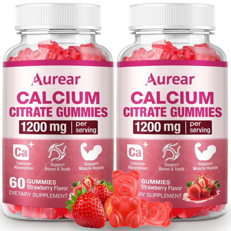2Pack Calcium Citrate Gummies, 1200mg Chewable Calcium Supplement for Men & Women, Muscle & Bone Support, Strawberry Flavor, 120 Count 60 Count (Pack of 2)