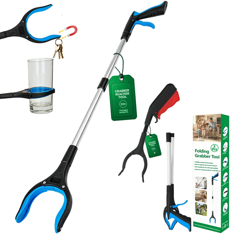 2-Pack Reacher Grabber Set: 32" Foldable Long Reach with Magnetic Tip & 12" Fixed Short Tool | 360° Rotating Non-Slip Jaw | Heavy Duty Pickup Sticks for Seniors, Garden & Small Items (Blue/Black) 32"blue+12"black - 2pack