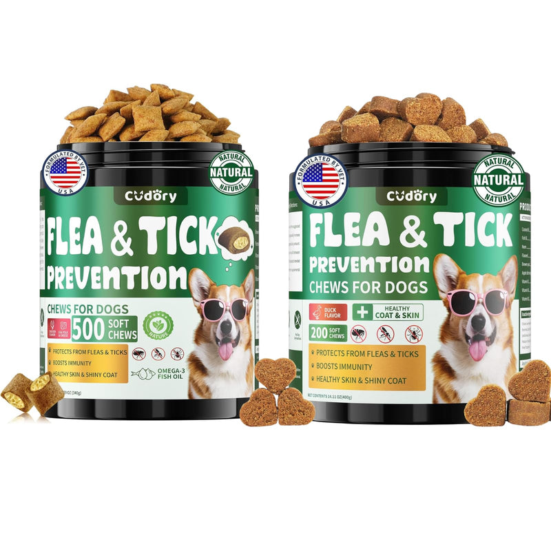 Flea and Tick Prevention for Dogs Chews, Dog Flea Chewables with Skin & Coat Support – Oral Supplement for All Breeds & Ages – Natural Duck & Chicken & Cheese Flavor