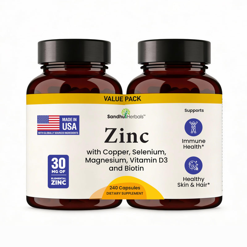 Zinc 30mg Capsules with Copper Magnesium Biotin Selenium Supplements 240 Ct | 7-in-1 Chelated Zink Complex Helps Hair Skin Nails For Men & Women Made In USA NSF-GMP Certified Facility By Sandhu Herbals 120 Count (Pack of 2) Zinc 30mg with Copper