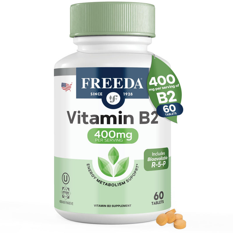 FREEDA Vitamin B2 400mg Riboflavin Supplement - 60 Vegan Tablets | High-Potency B2 Vitamin with Riboflavin-5-Phosphate to Support Energy, Metabolism, & Nervous System Health