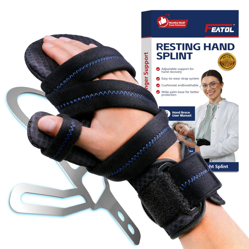 FEATOL Resting Hand Splint with Thumb Support for Men and Women, Adjustable Night Hand Brace Splint for Carpal Tunnel, Arthritis, Tendinitis, Stroke Recovery, Right Small/Medium Right Hand Black