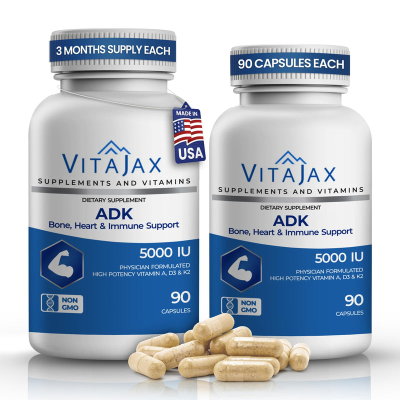 ADK - Vitamin ADK Supplement, 180 Capsules - High Potency Vitamin A, D3(5,000 IU) K2 as MK-7 for Bone, Heart & Calcium Absorption – Non-GMO, Gluten Free (6 Month Supply) 2 Pack 90 Count (Pack of 2)