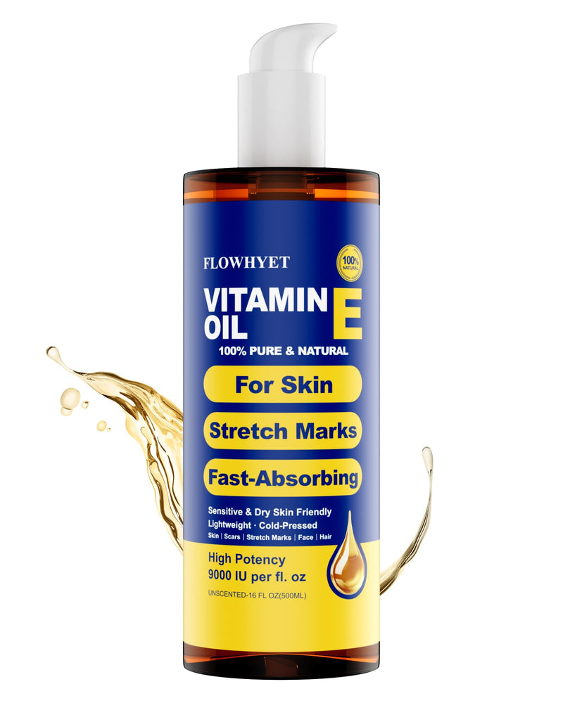 16 fl oz Pure Vitamin E Oil for Skin, Organic Vitamin E Oil for Scar, Stretch Marks, Face and Hair, Lightweight Bath and Body Oil Moisturizing Hexane Free Non-GMO Cold Pressed-500ml 16 Fl Oz (Pack of 1)