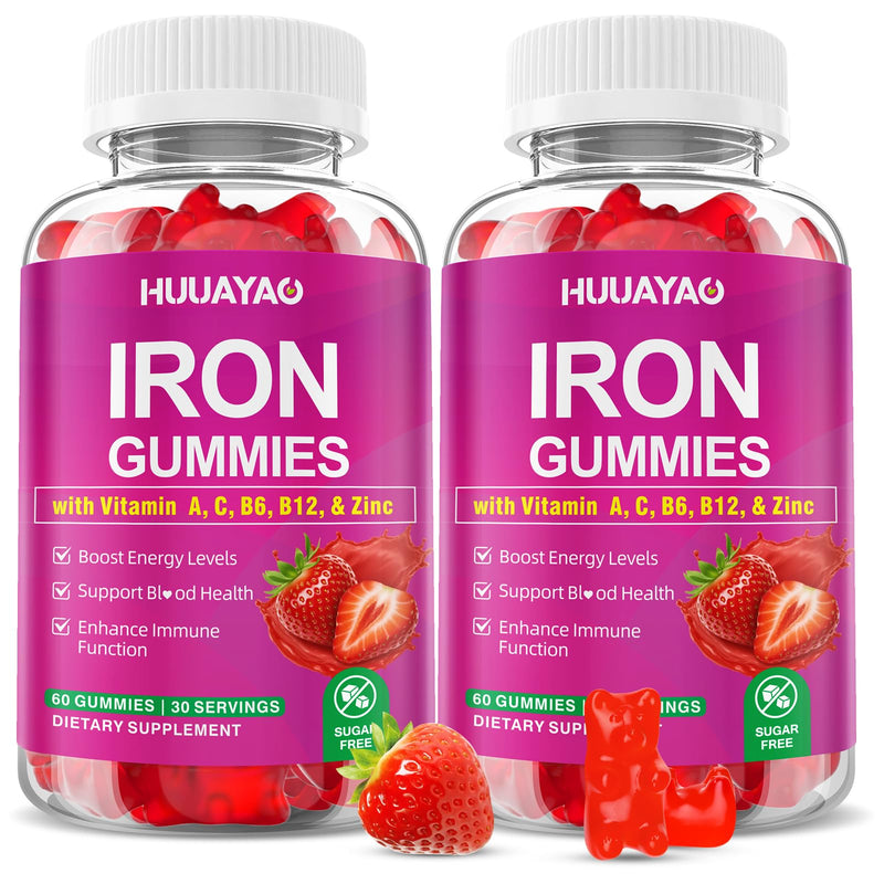 Iron Supplement Gummies for Women & Men, Vegan Iron Gummies with Vitamin C, A, B-Complex, Folate, Zinc for Blood Building & Energy Support, Strawberry Flavor, 120 Count 120 Count (Pack of 1)