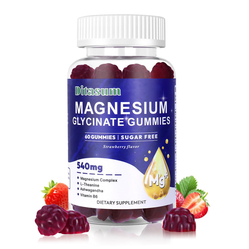 Magnesium Glycinate Gummies with L-Threonate, Vitamin B6, Ashwagandha 540mg per Serving, Sugar Free, Vegan, Relaxation & Nighttime Support, Strawberry Flavor, 60 Gummies 60 Count (Pack of 1)