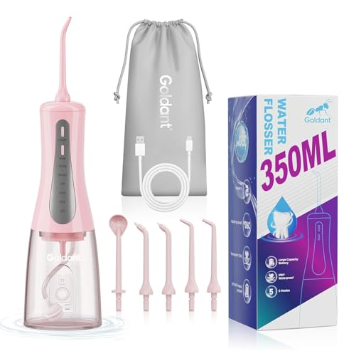 2026 Upgrade 350ML Cordless Water Flosser for Teeth Cleaning & Travel Bag, Dental Flosser Teeth Pick with 5 Modes & 5 Tips, Rechargeable Electric Flosser for Braces, Travel & Home (Pink) Pink