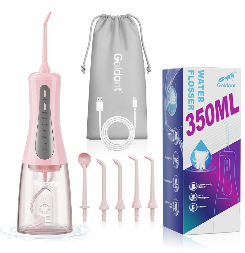 2026 Upgrade Portable Cordless Water Flosser, 350ML Tank & Travel Storage Bag, 5 Modes IPX7 Waterproof for Home & Travel, USB Rechargeable Electric Dental Flosser for Teeth Cleaning (Pink) Pink - BeesActive Australia