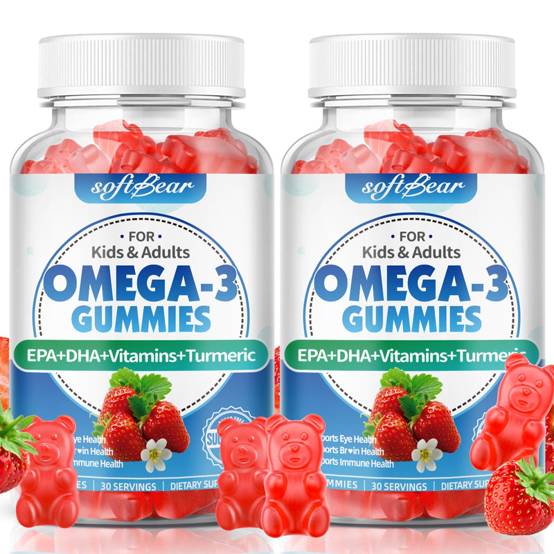 softbear Omega 3 Gummies for Women & Men & Kids Omega 3 Supplements 1200mg Vegan Omega 3 Fatty Acids DHA EPA with Vitamins Support Eye & Brain Health, Sugar Free, Strawberry Flavor 120 Count 60 Count (Pack of 2)