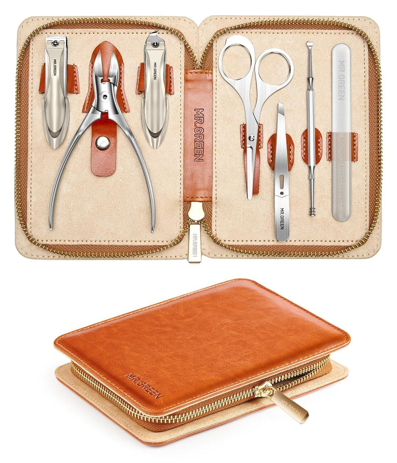 MR.GREEN 7 in 1 Manicure Set, German Stainless Steel Anti-Splash Nail Clippers Set, Professional Fingernail and Toe Nail Clippers Kit Full Nail Care Grooming Kit with Leather Case for Women and Men Brown