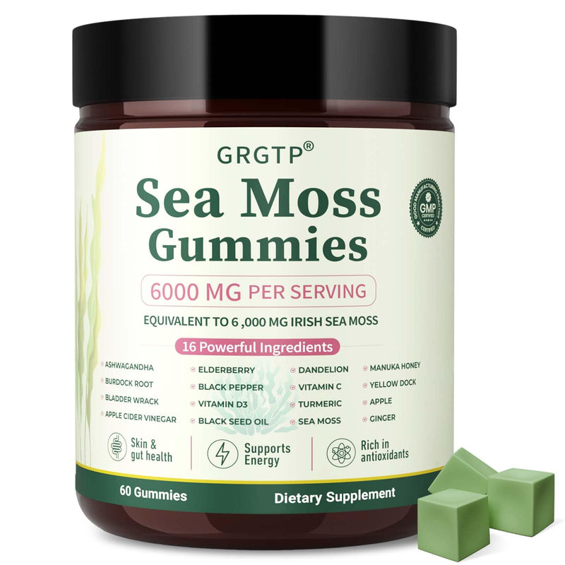 Sea Moss Gummies 16-in-1 - Ashwagandha Black Seed Oil Bladder Wrack Turmeric Vitamin C & D3 with Manuka Burdock Root Dandelion Yellow Dock Natural Detox & Liver Health Immune Support, Energy Boost