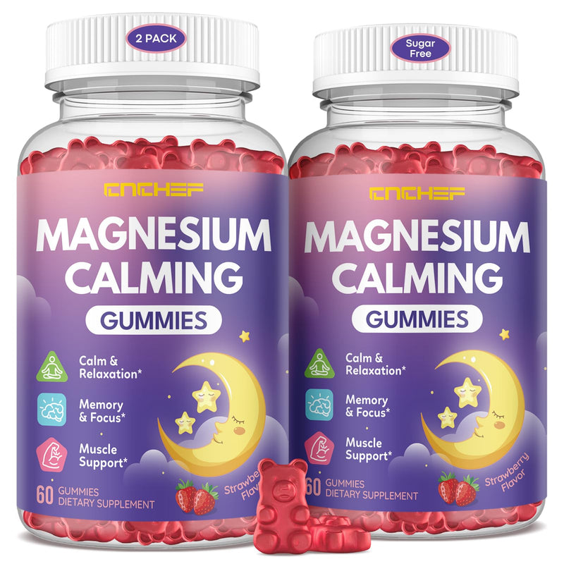 2PCS Magnesium Calming Gummies for Kids 4+ & Adults, Sugar Free Magnesium Supplement with L-Theanine, Chamomile, Vitamins B6, D3, K2, Zinc for Sleep, Relaxation, Focus & Muscle Support Strawberry 60 Count (Pack of 2)