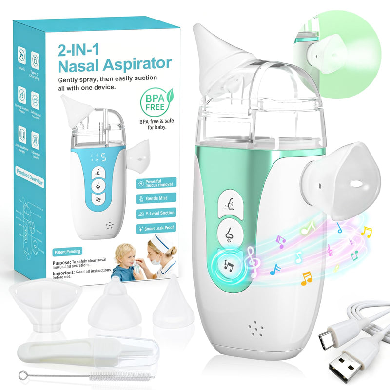 Smart Baby Nasal Aspirator, 2-in-1 Electric Nose Sucker for Toddlers with Spray, 5-Level Suction, Soothing Music, 2 Silicone Tips, USB-C Charge, Storage Case | Nasal Aspirator for Baby (Olive Green) - BeesActive Australia