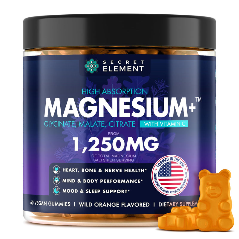 Secret Element Magnesium Glycinate 1250MG Gummies, High Absorption Magnesium Glycinate, Citrate & Malate, with Vitamin C, Sugar-Free, Vegan, Chews for Men & Women, 60 Gummies, Wild Orange Flavor 60 Count (Pack of 1)