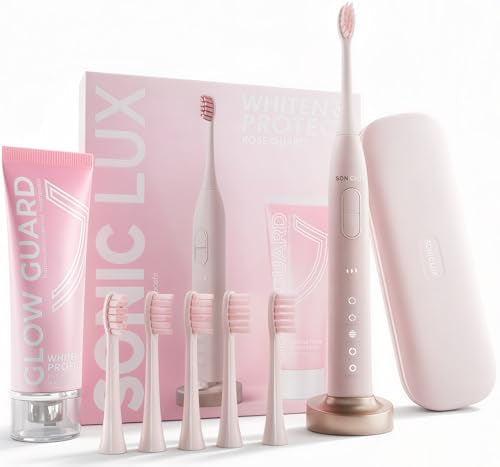 Sonic Lux™ Pink Electric Toothbrush for Adults – Luxury Rechargeable Sonic Electric Toothbrush with Travel Case with GlowGuard Nano-Hydroxyapatite Whitening Toothpaste & 6 Brush Heads