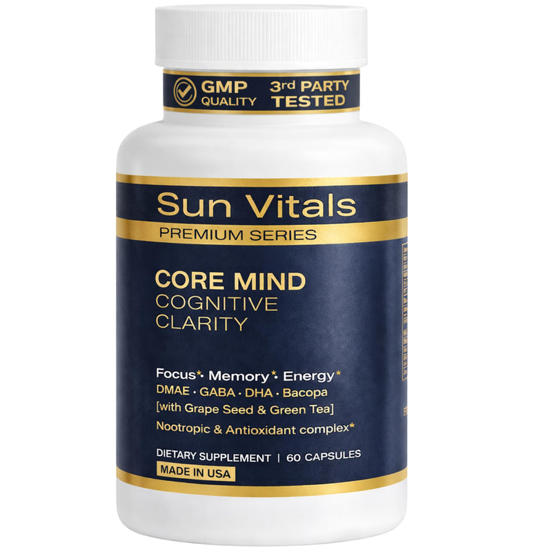 Sun Vitals Core Mind – Nootropic Brain Supplement for Focus, Memory & Mental Clarity | DMAE, Bacopa Monnieri, Phosphatidylserine & Huperzine A | Non-Stimulant, Caffeine-Free | 60 Capsules