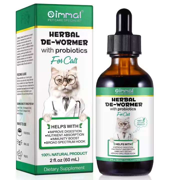 No More Worms - De-Wormer for Cats - Natural Broad Spectrum Treatment, Herbal Cleanse, Digestive Support for All Breeds, Gut Health, Supplement Drops Enhanced with Probiotics