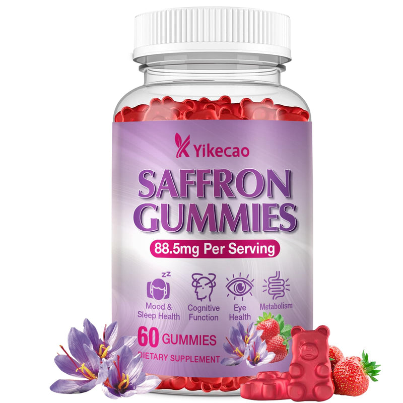 Saffron Supplements Gummies, 88.5mg Extract with Vitamin D3, B6, Magnesium, Ashwagandha, L-Theanine, Sugar-Free, Strawberry Flavor, 60 Count 1pack