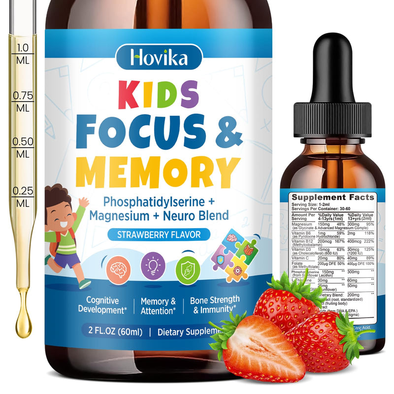 Kids Focus and Attention Supplements with Phosphatidylserine, L-Theanine, Omega-3 & Magnesium Glycinate - Kids Brain Vitamins Liquid Drops - Supports Concentration, Memory, Sleep & Mood, Strawberry 2 Fl Oz (Pack of 1)