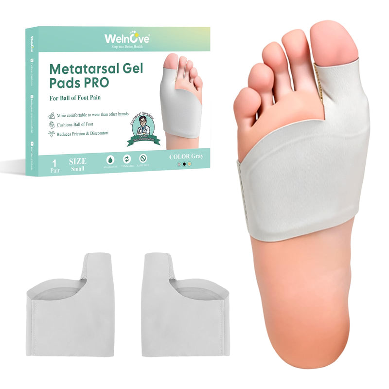 Welnove Metatarsal Pads with Bunion Relief - Upgraded Plush Lining - Ball of Foot Cushions for Metatarsalgia, Sesamoiditis, Morton's Neuroma - Forefoot Protection Sleeve with for Women Men (Size S) Gray Small