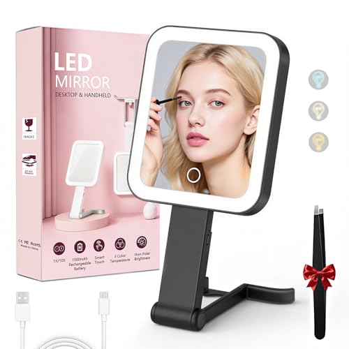 Travel Mirror with Lights, Rechargeable Magnifying Mirror 10X/1X, Black