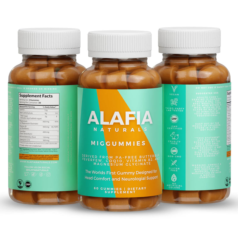 Alafia Naturals Miggummies - World's First Cranial Comfort and Support Gummy - Magnesium Glycinate, Butterbur, Feverfew, CoQ10, Vitamin B2 400mg Riboflavin 400mg 60ct