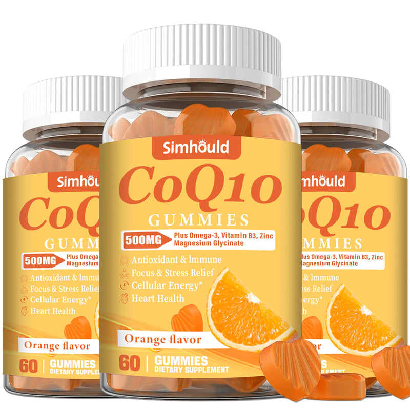 3 Packs CoQ10 500MG Gummies - Plus Omega-3, Magnesium, Vitamin B3 & Zinc - 3X Better Absorption Coenzyme Q10 Supplements for Heart Health, Cellular Energy & Antioxidant, Non-GMO 180 Counts 60 Count (Pack of 3)