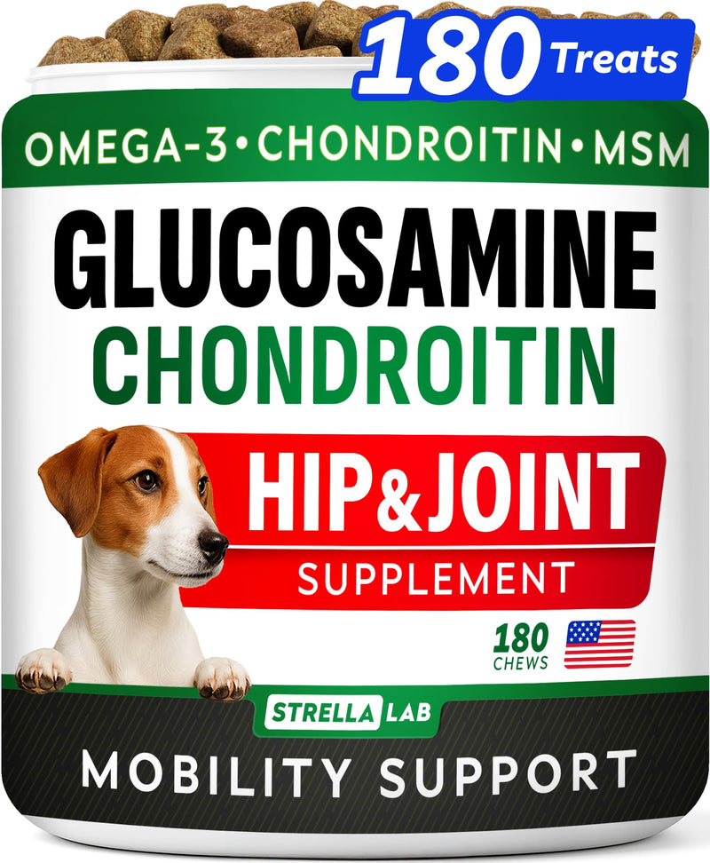 Glucosamine for Dogs w/Chondroitin - Hip & Joint Supplement for Dogs w/Omega-3 Fish Oil - Chondroitin MSM - Advanced Mobility Chews - Joint Pain Relief - Hip & Joint Care - Made in USA (180Ct) 180 Chews