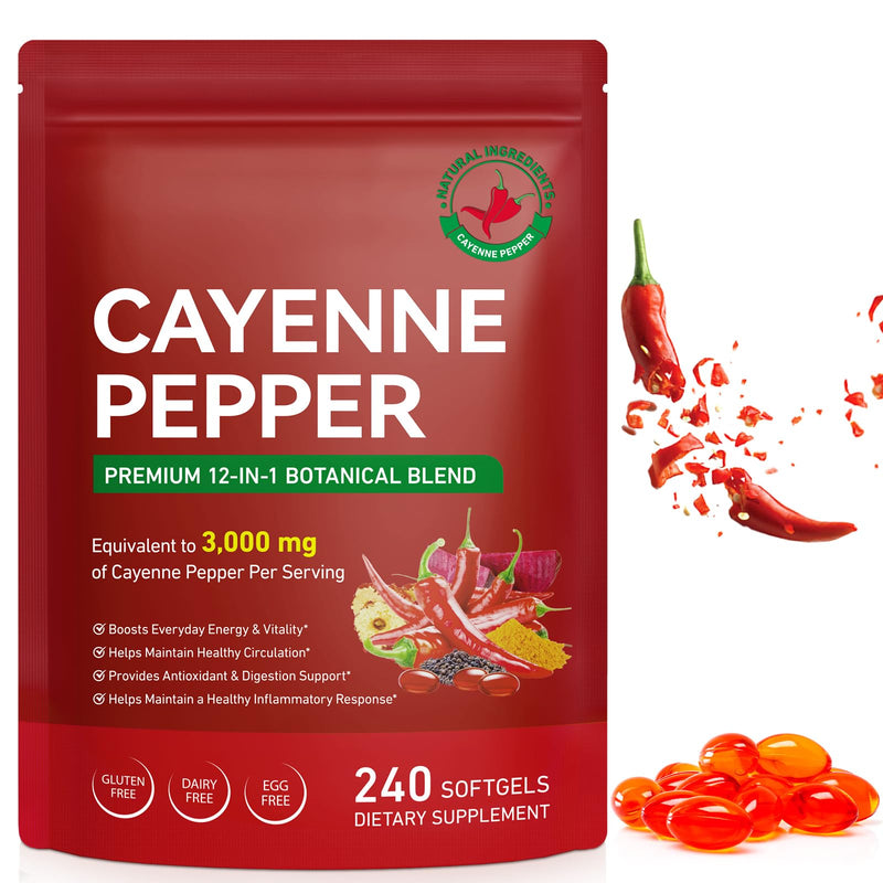 Daiasns Cayenne Pepper Softgels, 3000mg Capsaicin Supplements with Vitamin D3 K2 E, Grape Seed, Hawthorn, Beetroot, Supports Leg Vein, Heart & Circulatory Health, 240 Softgels