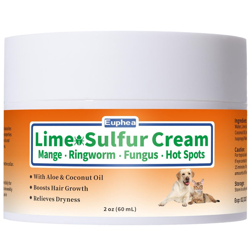 Lime Sulfur Cream, Mange Treatment Dogs & Cats, Ringworm Treatment for Cats, Soothes Itchy, Dry, Inflamed Skin, Promotes Hair Regrowth, Low Odor, No Rinse Needed, 2oz