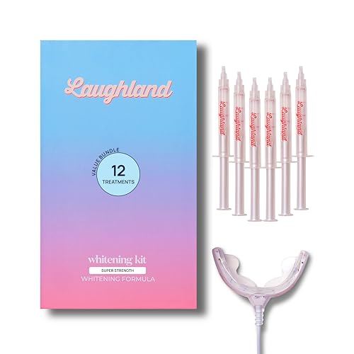 Laughland Super Strength Teeth Whitening Kit + 3 Extra Gel Refills (12 Total Treatments), Phone-Powered LED Whitener, 11% Hydrogen Peroxide Formula, Aloe Vera & Mint, at-Home Smile Brightening Bundle