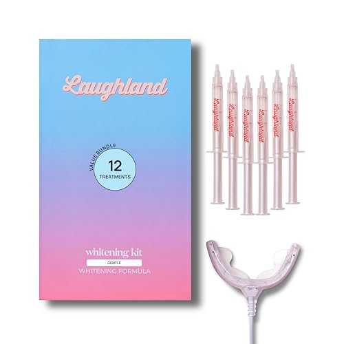 Laughland Sensitive Whitening Kit + 3 Extra Gel Refills (12 Total Treatments), Phone-Powered LED Mouthpiece, Sodium Bicarbonate & Aloe Vera Formula, for Sensitive Teeth, at-Home Whitening Bundle