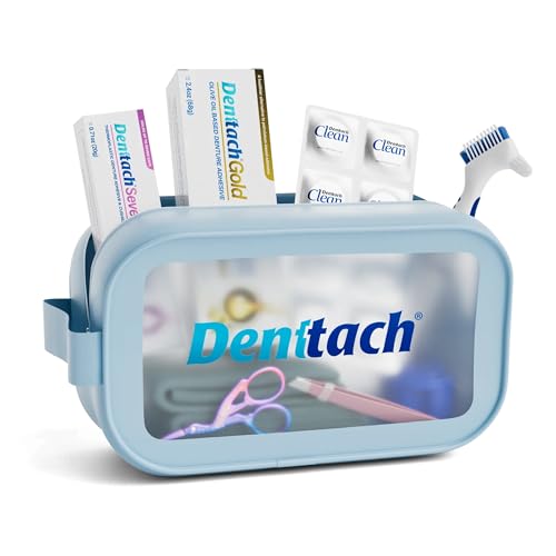 Denture Starter Kit, 9 Piece Kit Includes Denttach Seven Thermoplastic Denture Adhesive, Gold Denture Adhesive, Clean Tablets, Case, Brush, Scissors, Tweezers, Microfiber Towel & Travel Case