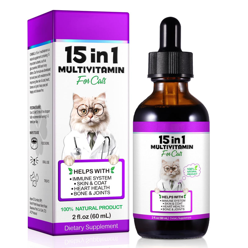 Cat Multivitamin Drops - 15 in 1 Vitamin Supplement for Immune Support, Heart, Bones, Joint, Skin & Coat Health, Bacon Flavor Vitamins for Senior Cats & Kittens (1 Pack, for cat) 1 pack