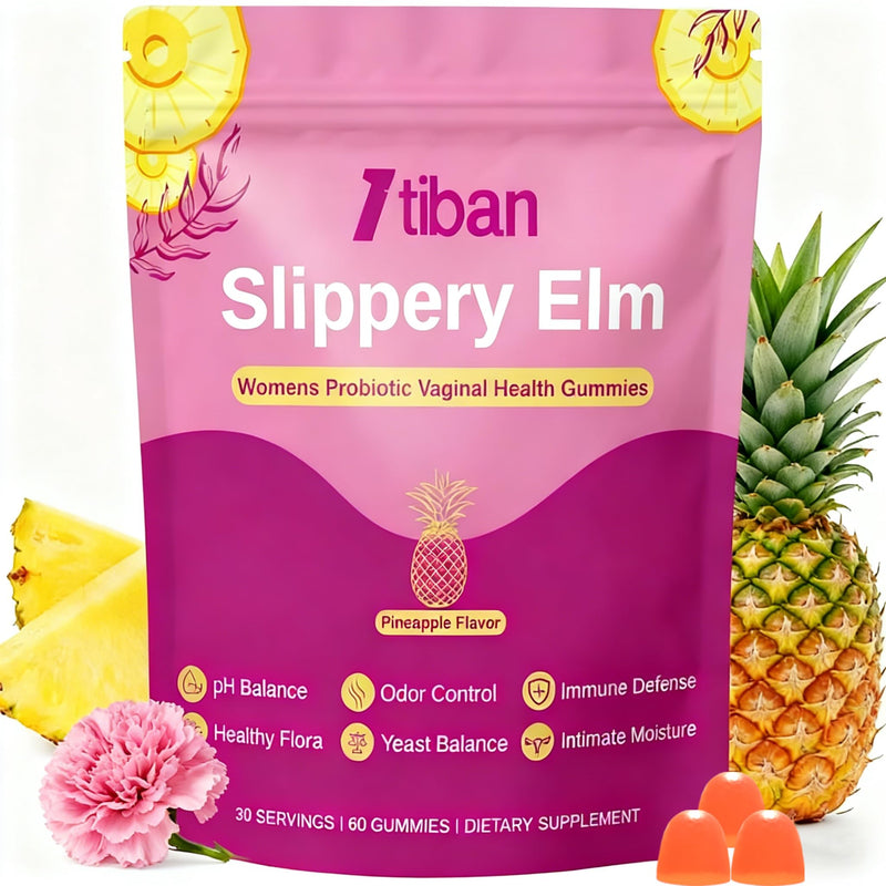 Slippery Elm Feminine Probiotic Moisture Gummies, pH Balance, Vaginal Flora, Odor Health with Bacillus coagulans, Delicious Pineapple Flavor, 60 Count Pink-bag-pineapple