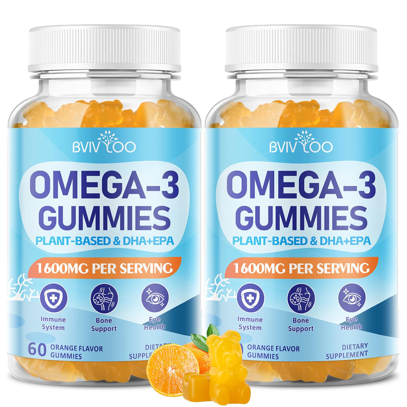 2 Pack Vegan Omega-3 Gummies - 1600mg with 600mg EPA & 400mg DHA. High Absorption Formula. Delicious Orange Flavor - 120 Gummies 2pack