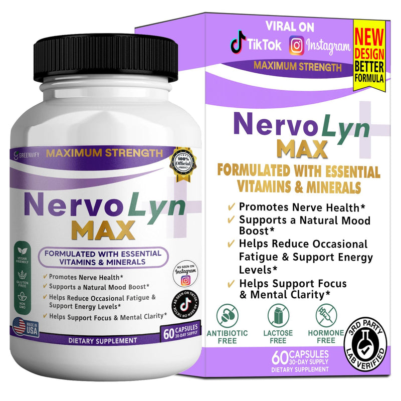 NervoLyn Max Maximum Strength Nerve Support Supplement, 60 Capsules, with Vitamin B Complex, Vegan, Gluten Free, Non-GMO, 30 Day Supply (1) 1