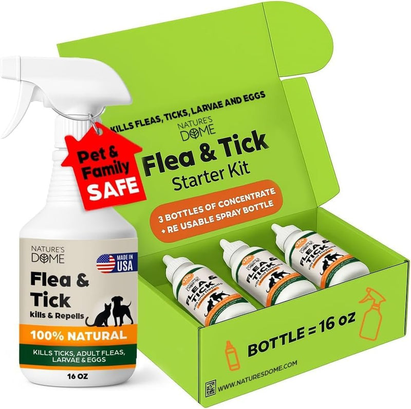 Nature’s Dome Flea & Tick Starter Kit – Makes 3 Bottles (16 oz Each) – Plant-Based, Eco-Friendly Formula – Kills & Repels Fleas, Ticks, Larvae & Eggs – Safe for Pets, Kids & Plants Citrus 16 oz (Pack of 3)