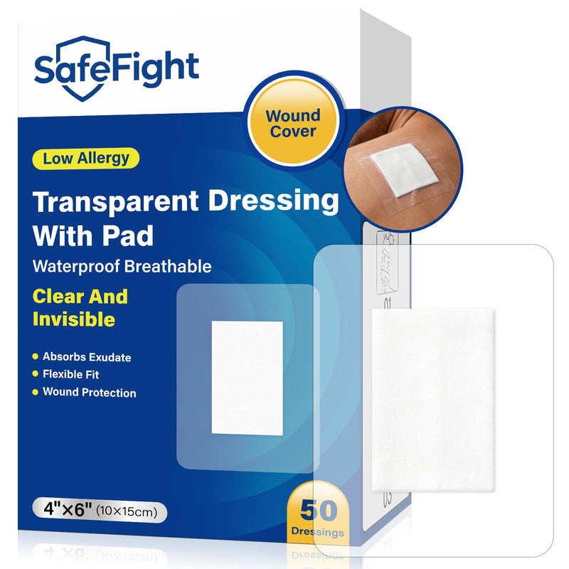 Transparent Film Dressing with Pad 50 Pack,Waterproof Adhesive Bandages for Wound Care,IV Shield, Tattoo Aftercare, Shower Protector(4"x 6") 4"x 6"