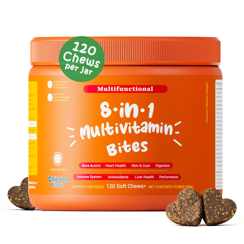 Multivitamin Treats for Dogs, Glucosamine Chondroitin Joint Support + Digestive Enzymes & Probiotics, Grain Free Dog Vitamins and Supplements for Skin & Coat, Peanut Butter - 120ct