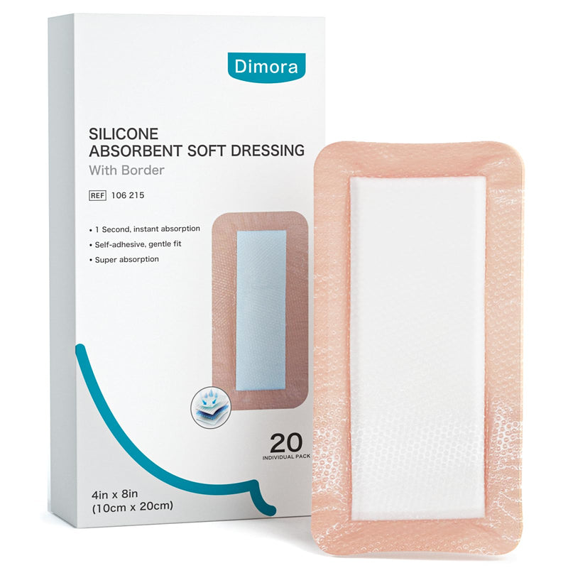 Dimora 20 Count Silicone Super Absorbent Wound Dressing - 4" x 8" Soft Gauze Pads for Bed Sores Leg Ulcers Post Surgical Incisions, Adhesive Wound Bandage with Gentle Border 4"x 8" - 20 pcs
