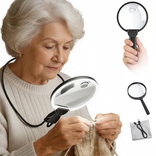 Magnifying Glass with Light for Reading, Hands Free Magnifier for Books with Dimmable, Included Small Magnifier, Neck Wear Large Screen Stand Glasses for Close Work Seniors Low Vision Rechargeable