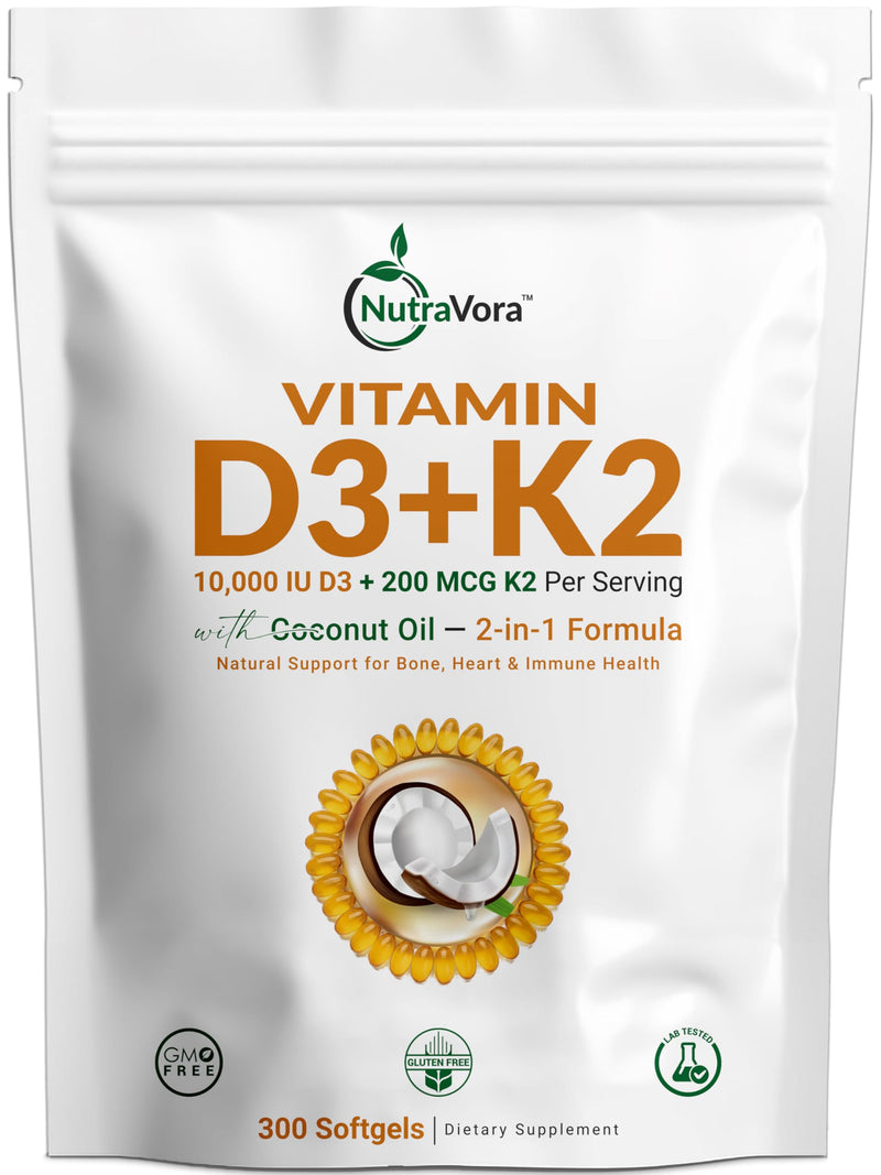 Vitamin D3 K2, 10,000 IU D3 + 200 mcg K2 MK-7, 300 Softgels | 10,000 IU Vitamin D3 + 200 mcg Vitamin K2 MK-7 per serving; Enhanced with Coconut Oil; Non-GMO, Gluten-Free