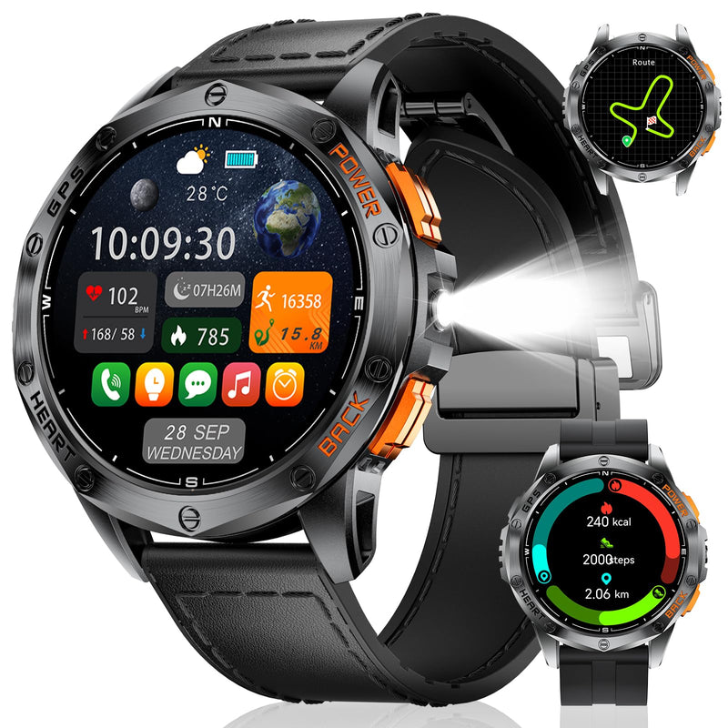 LIGE GPS Smart Watches for Men, Bluetooth Call, LED Flashlight, Compass, 1.43" AMOLED Fitness Watch with Heart Rate/Sleep Monitor, 100+ Sports Modes, iOS Android Compatible, Military Outdoor, Black DM1-E