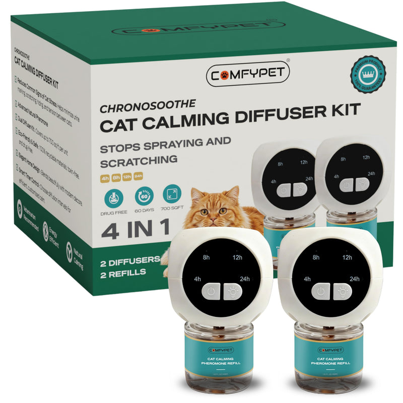 60-Day Cat Calming Pheromone Diffuser - Reduces Urine Spraying, Anxiety, Scratching & Meowing, Timer Modes to Extend Refill Life (2 Diffusers + 2 Refills)