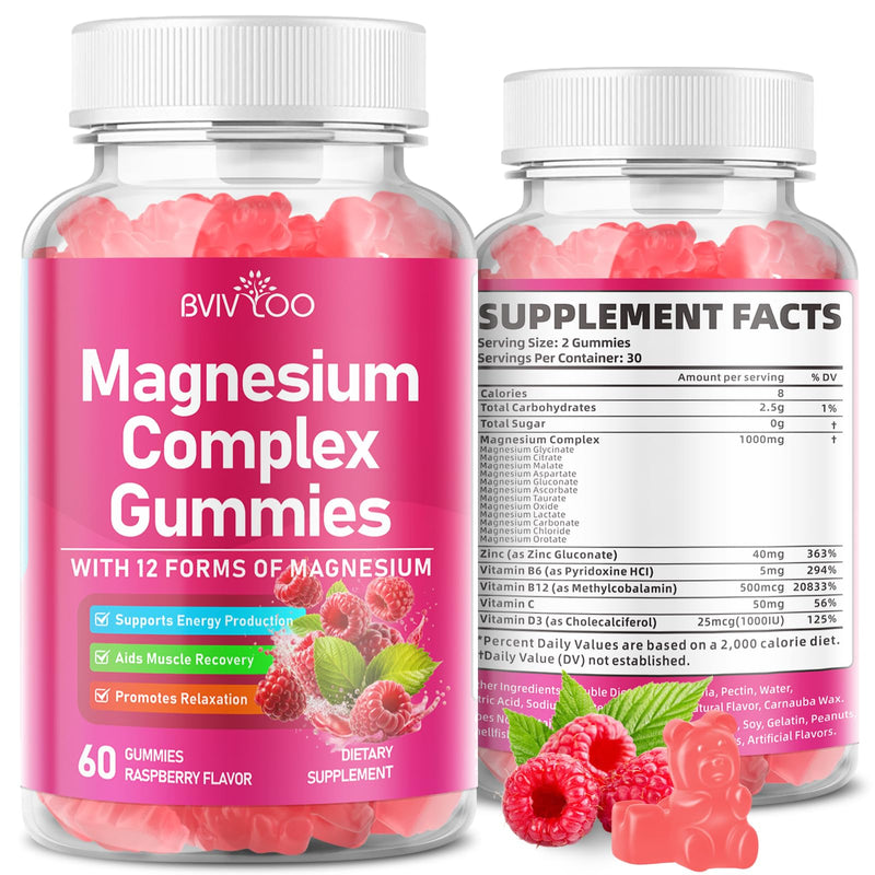 Magnesium Complex Gummies – with 12 Forms of Magnesium Plus Vitamins B6, B12 & C. Vegan Strawberry Gummies to Support Mood, for Adults, 60 Count