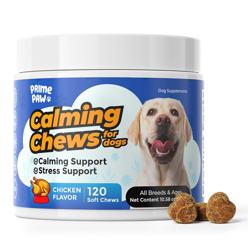 Calming Chews for Dogs L-Theanine L-Tryptophan Phosphatidylserine Valerian Chamomile Passion Flower Non-Sedating Relaxation Support All Breeds Puppy Adult Senior Chicken Flavor 120 Soft Chews